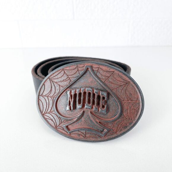 Nudie Jeans Mens Wide Leather Buckle Belt Black 38.5 - Picture 1 of 6